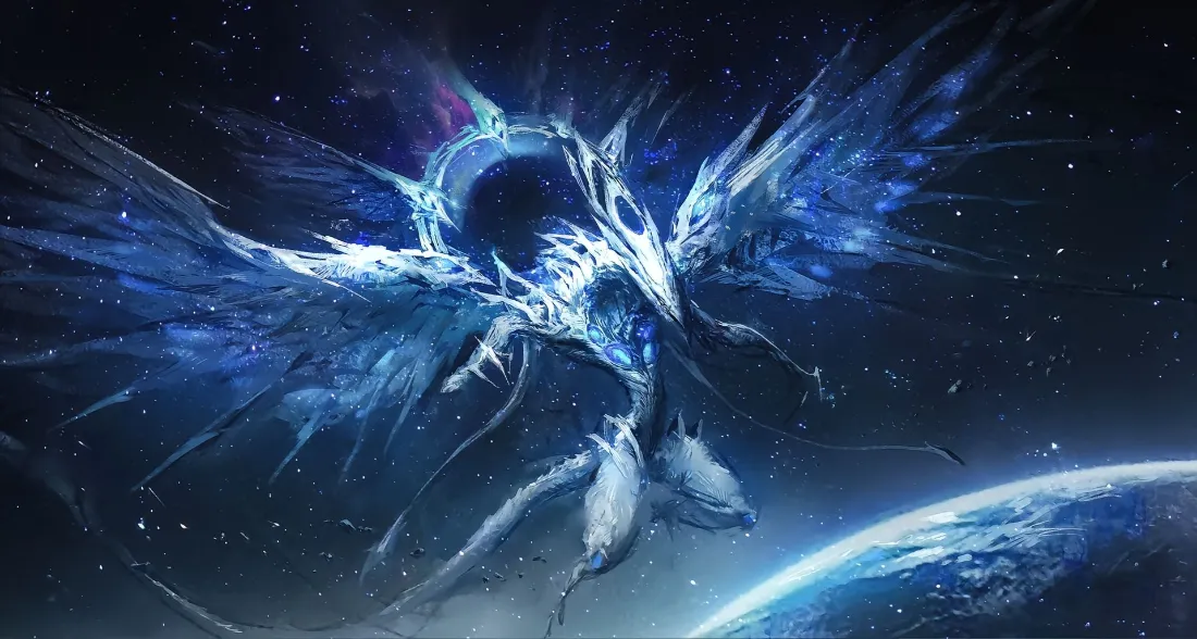 星空背景中，蓝白色发光的渊眼白龙展翅悬浮，下方露出弧形星球边缘。