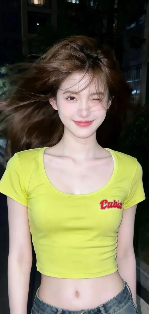 夜景户外，长发女生穿黄色短款上衣配牛仔裤，单眼眨眼微笑。