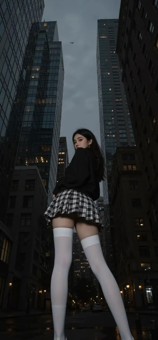 低角度仰拍黑衣白长袜美女立于暮色都市高楼间，回头望向镜头。