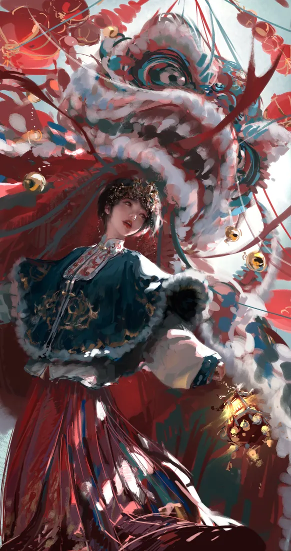 醒狮手机壁纸|新年背景图片 - 国风汉服少女「哲风壁纸」 醒狮手机壁纸|新年背景图片 - 国风汉服少女「哲风壁纸」
