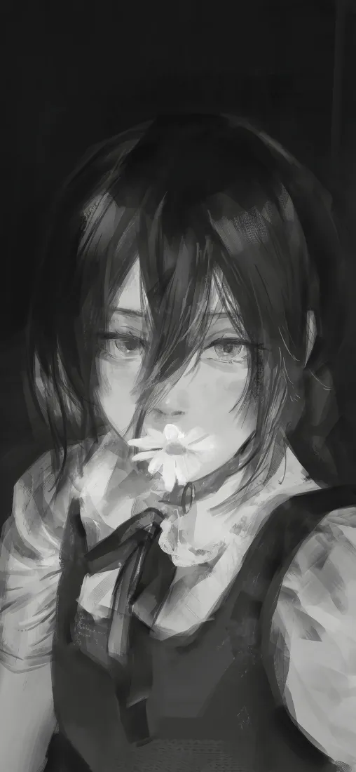少女衔花手机壁纸|黑白水彩背景图片 - 二次元少女「哲风壁纸」 少女衔花手机壁纸|黑白水彩背景图片 - 二次元少女「哲风壁纸」