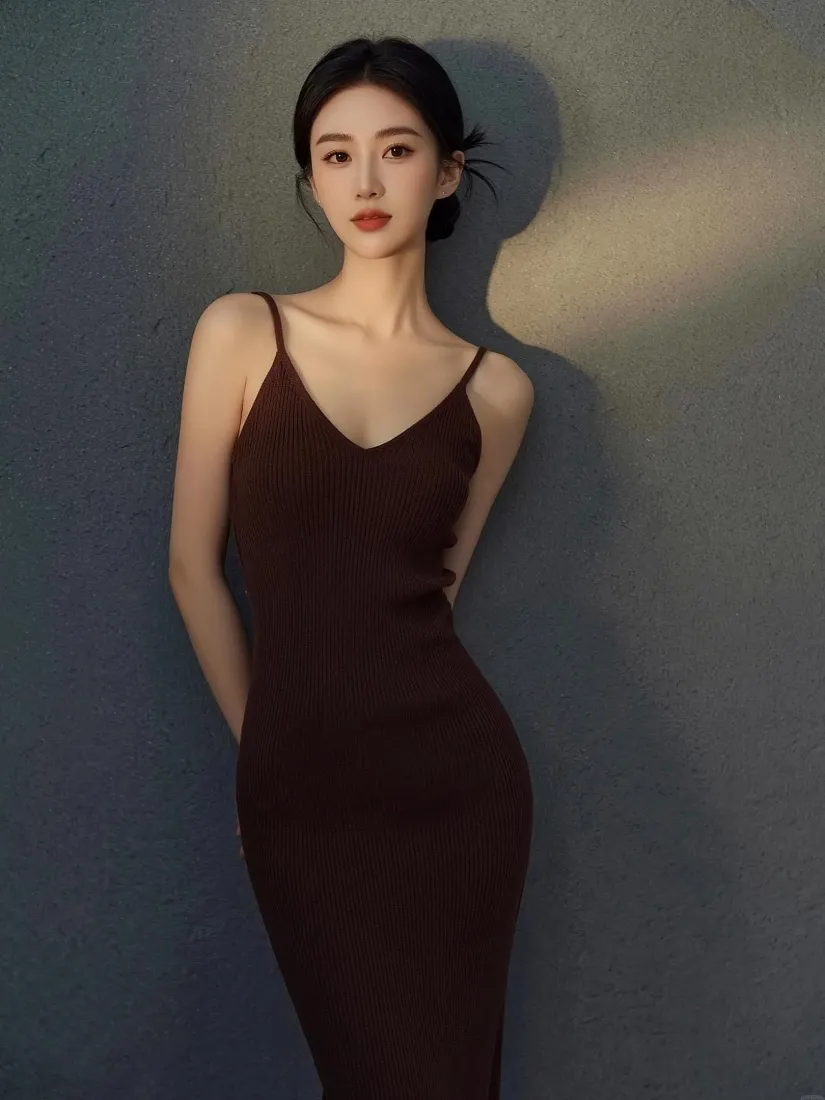 黑发盘发女子身着深棕色吊带长裙，靠墙而立，光影柔和，气质优雅。