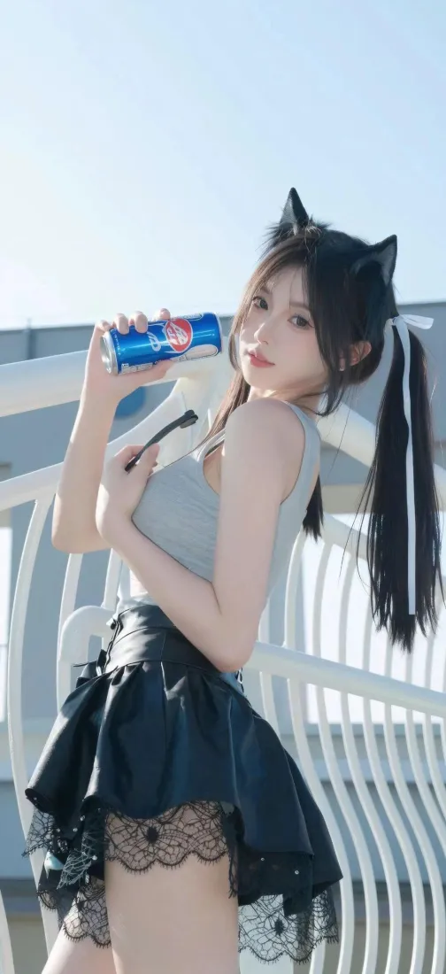 戴黑色猫耳发饰的双马尾女生在天台手持百事可乐，穿灰背心黑蕾丝短裙