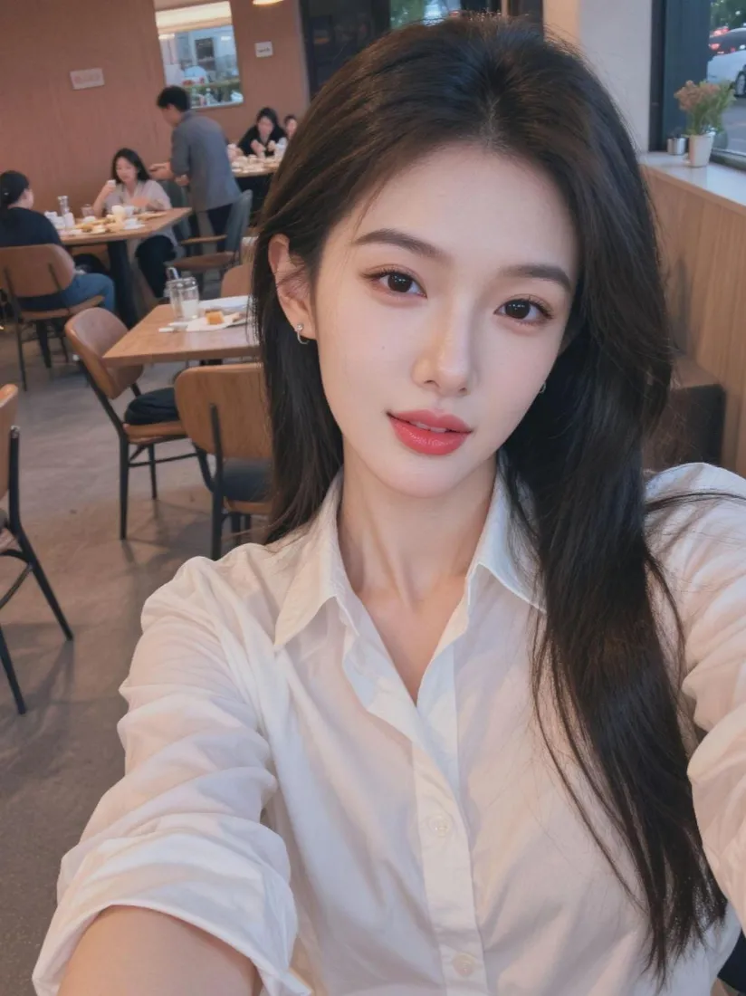 气质长发美女手机壁纸｜餐厅背景图片 - 休闲自拍「哲风壁纸」