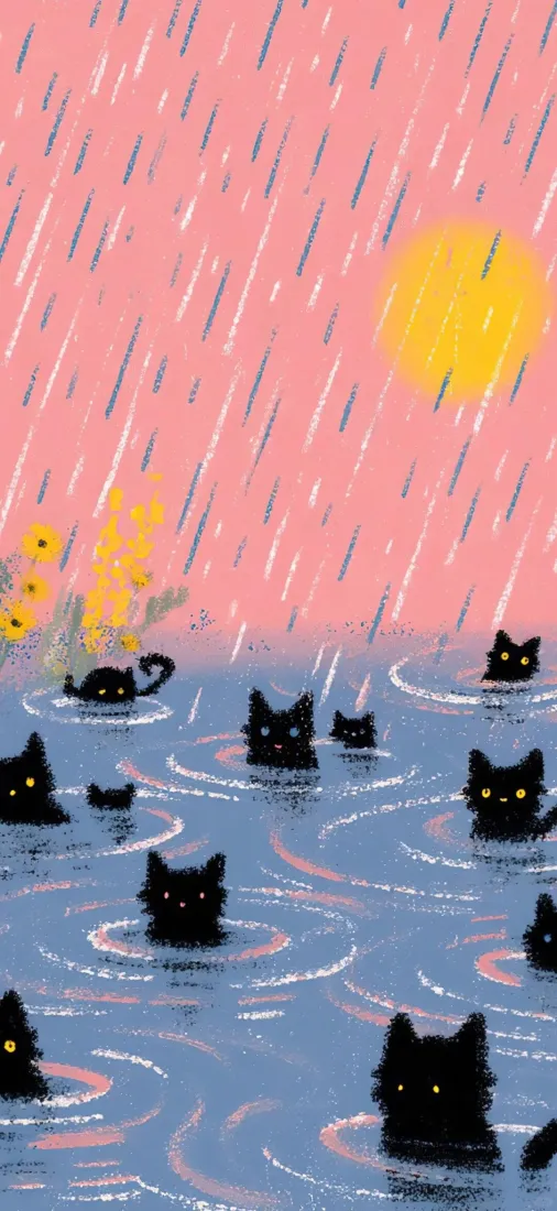 黑猫手机壁纸｜雨天背景图片 - 卡通小猫「哲风壁纸」