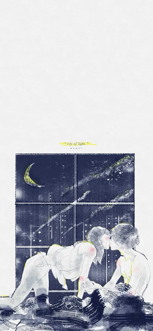 水彩插画，情侣在窗边接吻，窗外是弯月与流星划过的星空。