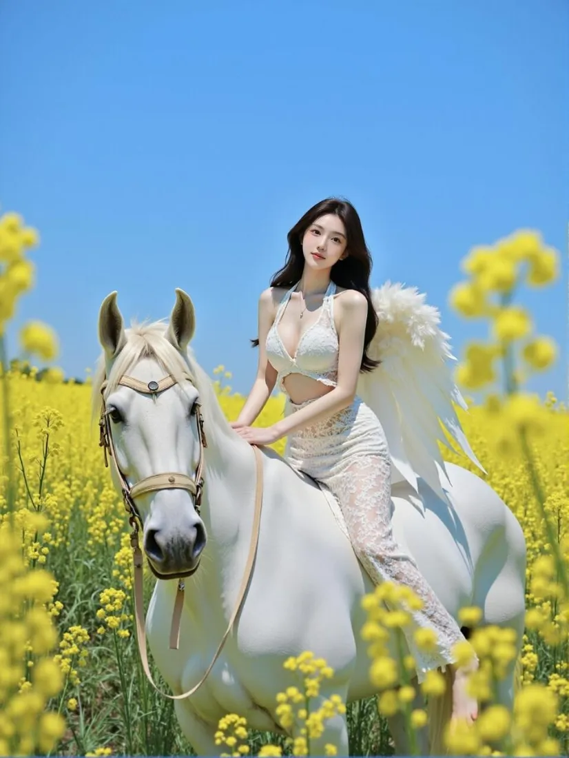 白衣天使美女手机壁纸｜油菜花田背景图片 - 白马「哲风壁纸」