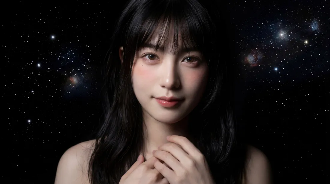 黑发齐刘海年轻女性半身特写，双手轻放胸前，背景为布满星点的深邃星空。