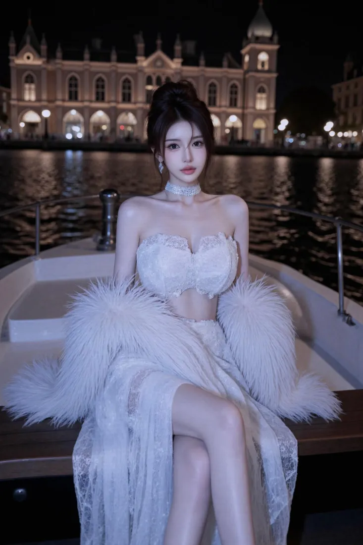 白色礼服美女手机壁纸｜游艇夜景背景图片 - 欧式建筑「哲风壁纸」