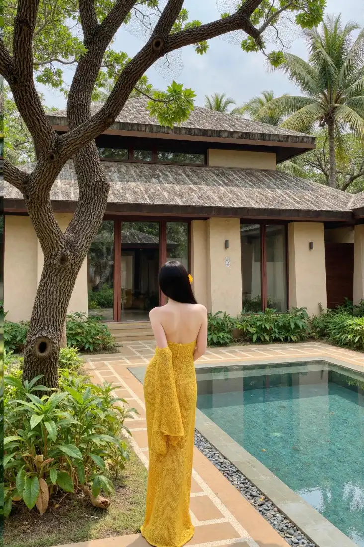 黄裙美女手机壁纸｜度假背景图片 - 泳池别墅「哲风壁纸」