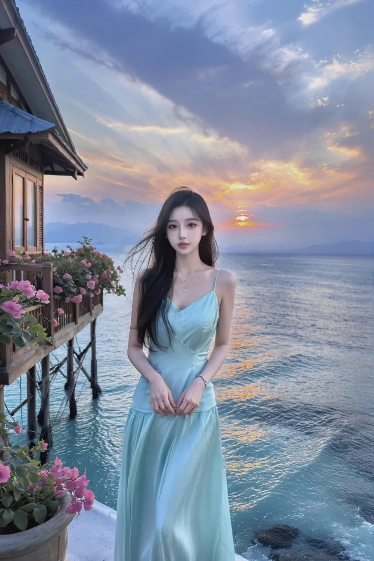 美女海边手机壁纸｜氛围感背景图片 - 日落蓝裙「哲风壁纸」