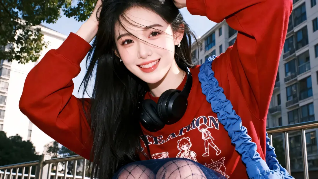 户外晴天，穿红色卫衣的长发女生双手举过头顶抓头发，面带甜美笑容。