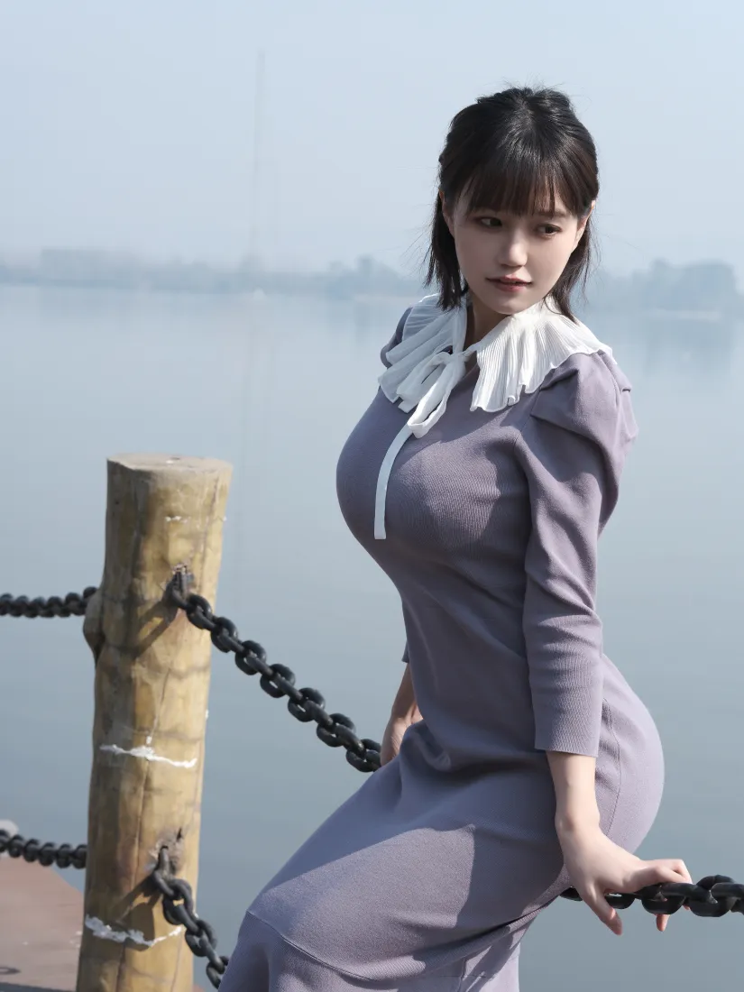 紫色裙子手机壁纸｜江边背景图片 - 气质户外美女「哲风壁纸」