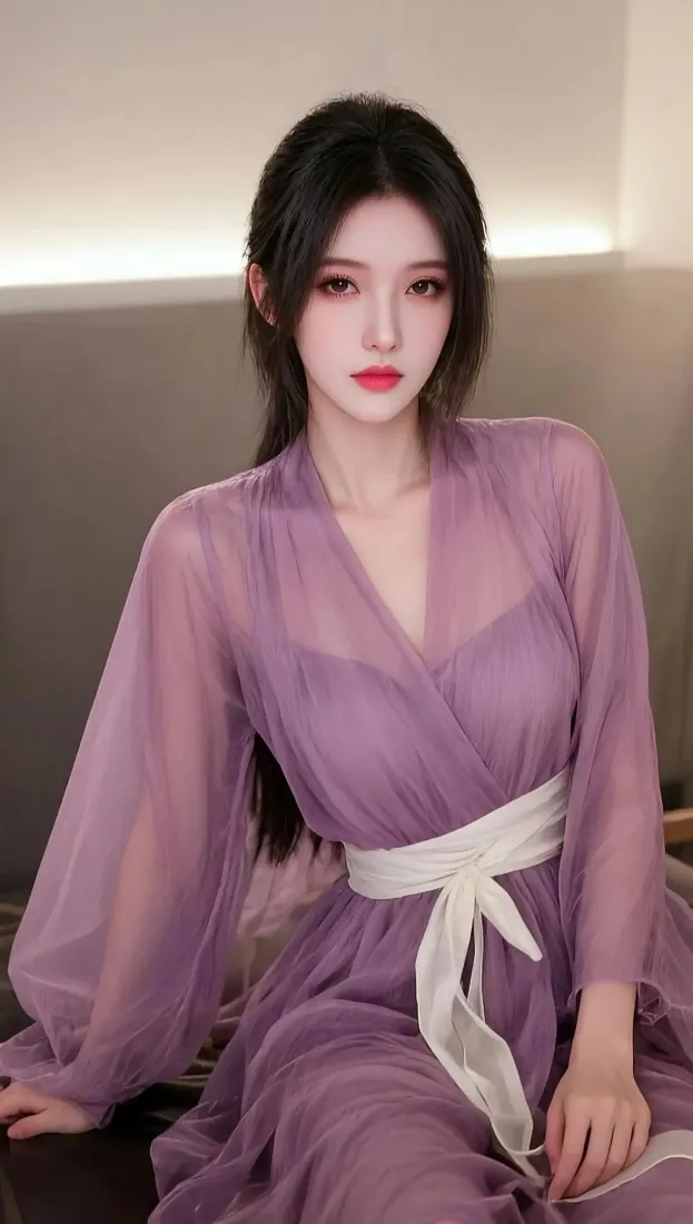 黑发女子身着紫色半透纱质长裙，系白色宽腰带，坐于室内沙发上。