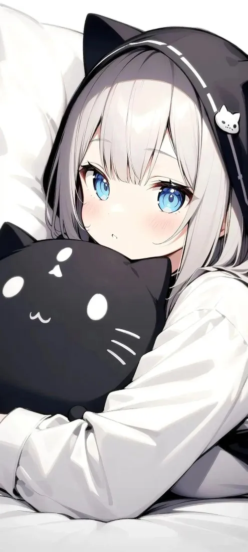 猫娘手机壁纸｜黑猫玩偶背景图片 - 银发蓝眼「哲风壁纸」