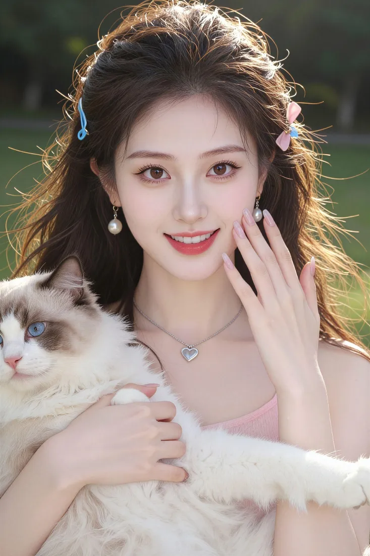 户外草坪上的长发甜美女生怀抱布偶猫，佩戴珍珠耳环与爱心项链。