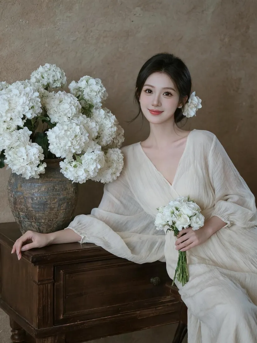 白衣女子手持白色绣球花束，身旁木柜上摆放大盆白色绣球花，复古暖调氛围。