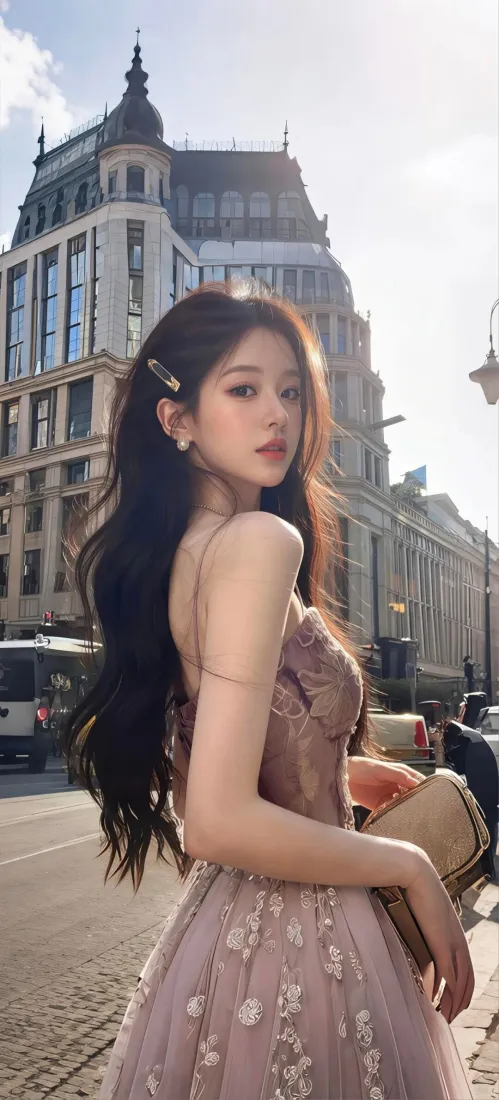 赵露思手机壁纸｜欧式街拍背景图片 - 粉裙美女「哲风壁纸」