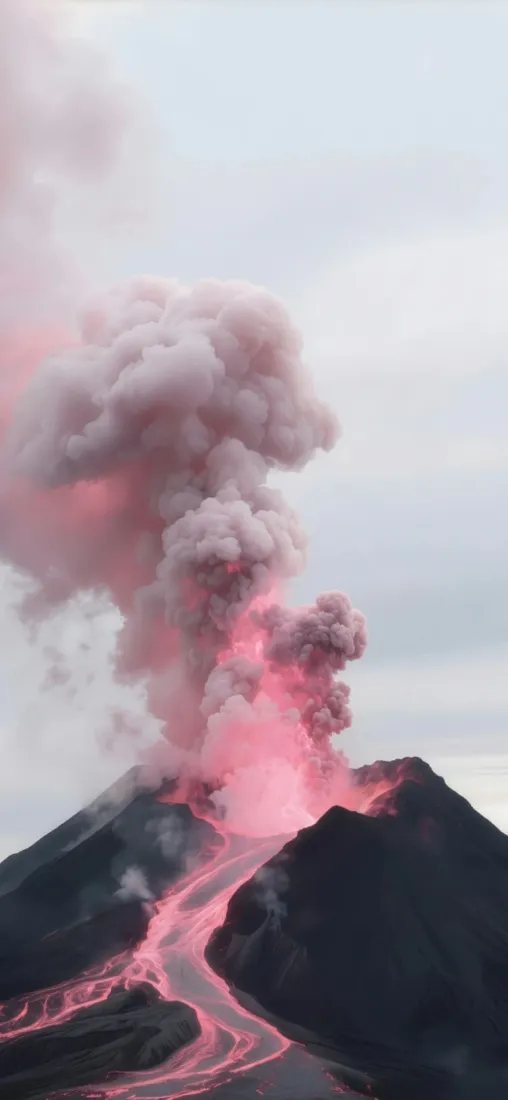 火山喷发，粉色熔岩与烟柱升腾，沿山体沟壑流淌