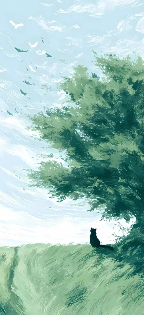 小黑猫手机壁纸｜清新背景图片 - 树荫下休憩「哲风壁纸」