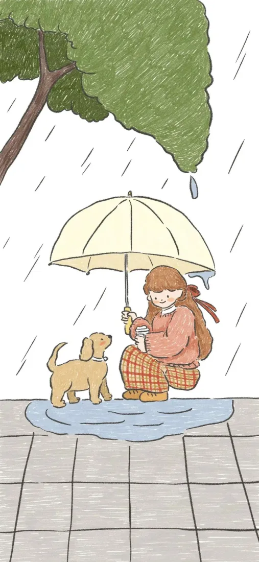 撑伞女孩手机壁纸｜雨天背景图片 - 树下小狗「哲风壁纸」