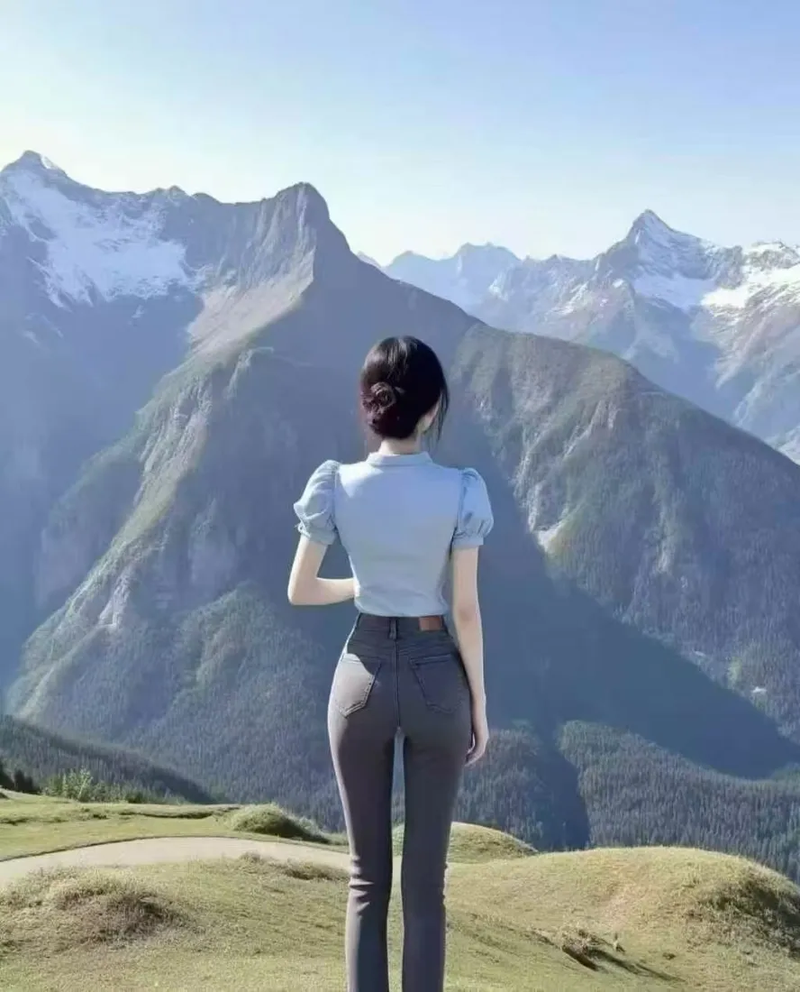 美女背影手机壁纸｜雪山背景图片 - 户外远眺「哲风壁纸」