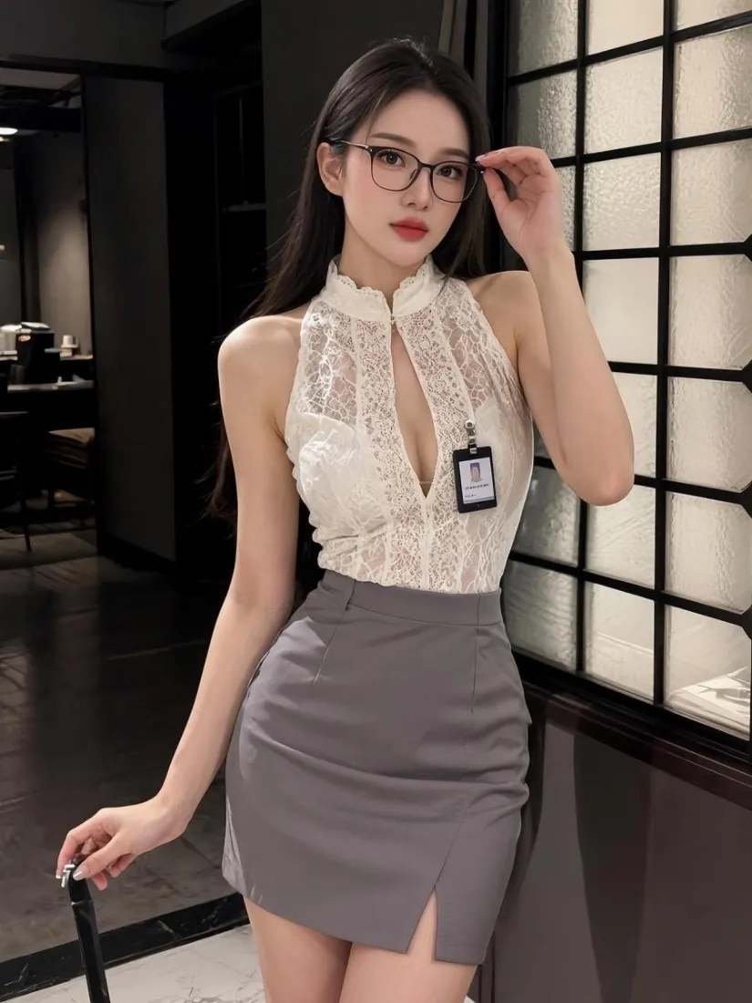 戴黑框眼镜的长发女性，穿白色蕾丝挂脖上衣与灰色包臀裙，佩戴工牌站在室内。