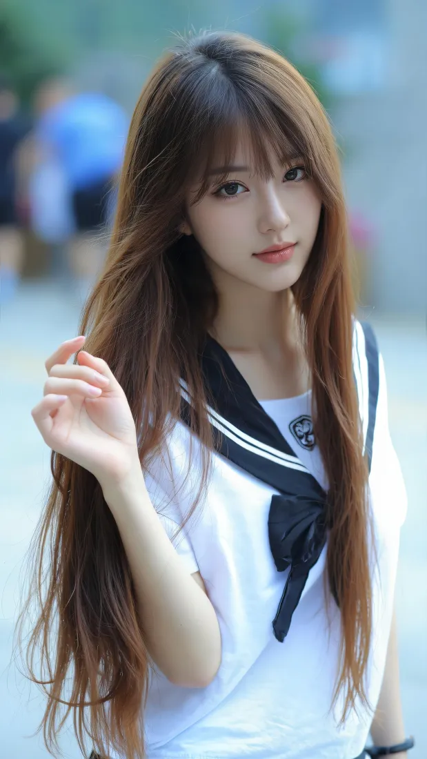 棕发长发女生身着黑白水手服，户外街拍，手轻撩长发，背景虚化。