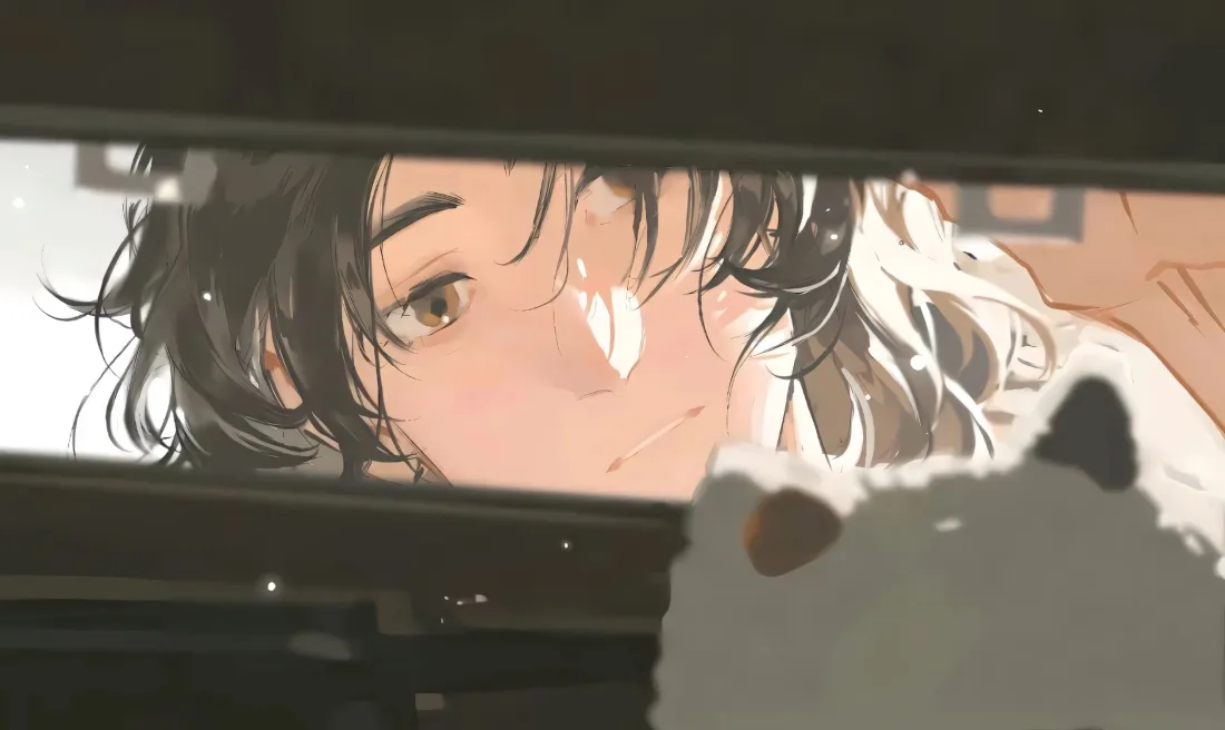 3k黑发少女壁纸|箱子缝隙背景图片 - 二次元插画「哲风壁纸」 透过箱子缝隙窥见的黑发少女与箱内小猫,暖调治愈二次元插画