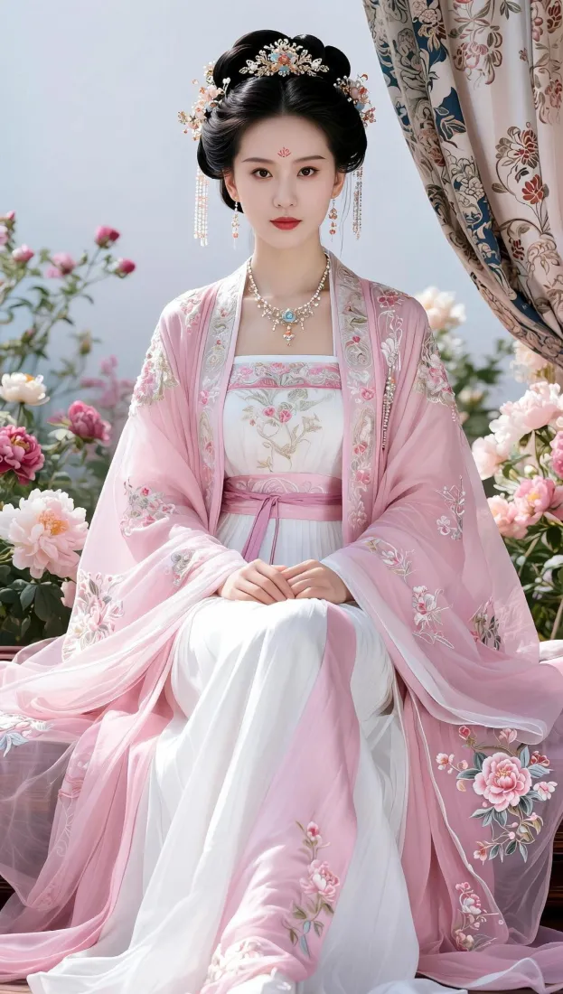 刘诗诗身着粉色绣花汉服端坐花丛间，温婉古典，仙气雅致。