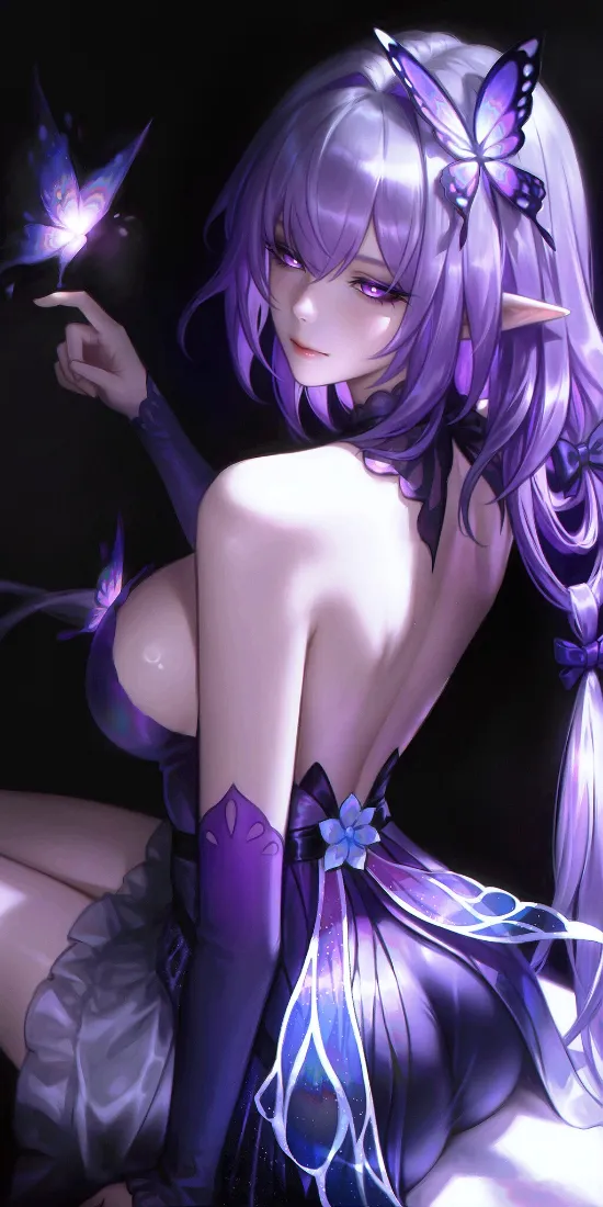 紫发精灵耳女性角色侧身回眸，指尖萦绕发光紫蝶，暗调紫黑氛围。