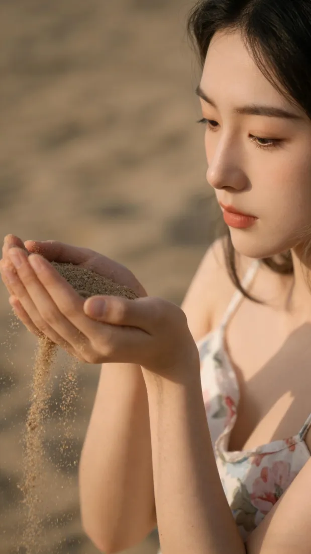 暖调沙滩上，穿碎花吊带的女子双手捧沙，细沙从指缝缓缓洒落。