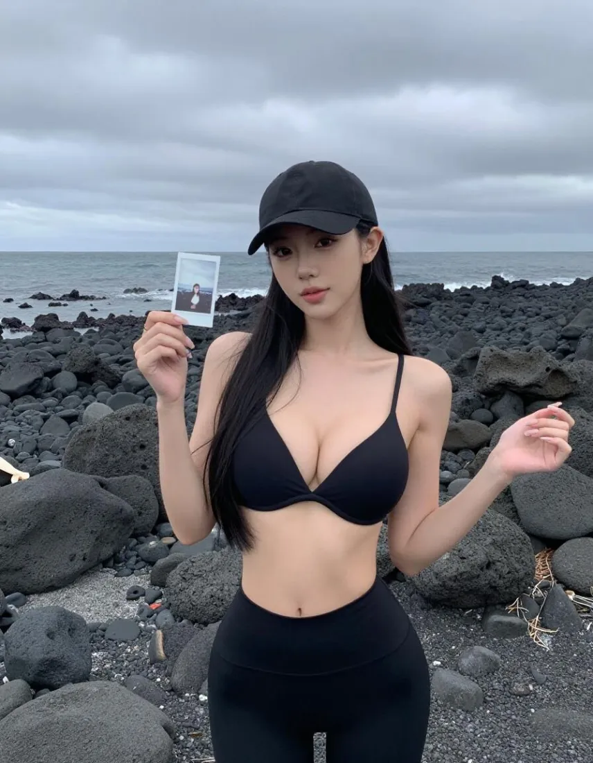 戴黑色棒球帽的长发女子身着黑色内衣与紧身裤，在阴天海边礁石上手持拍立得照片。