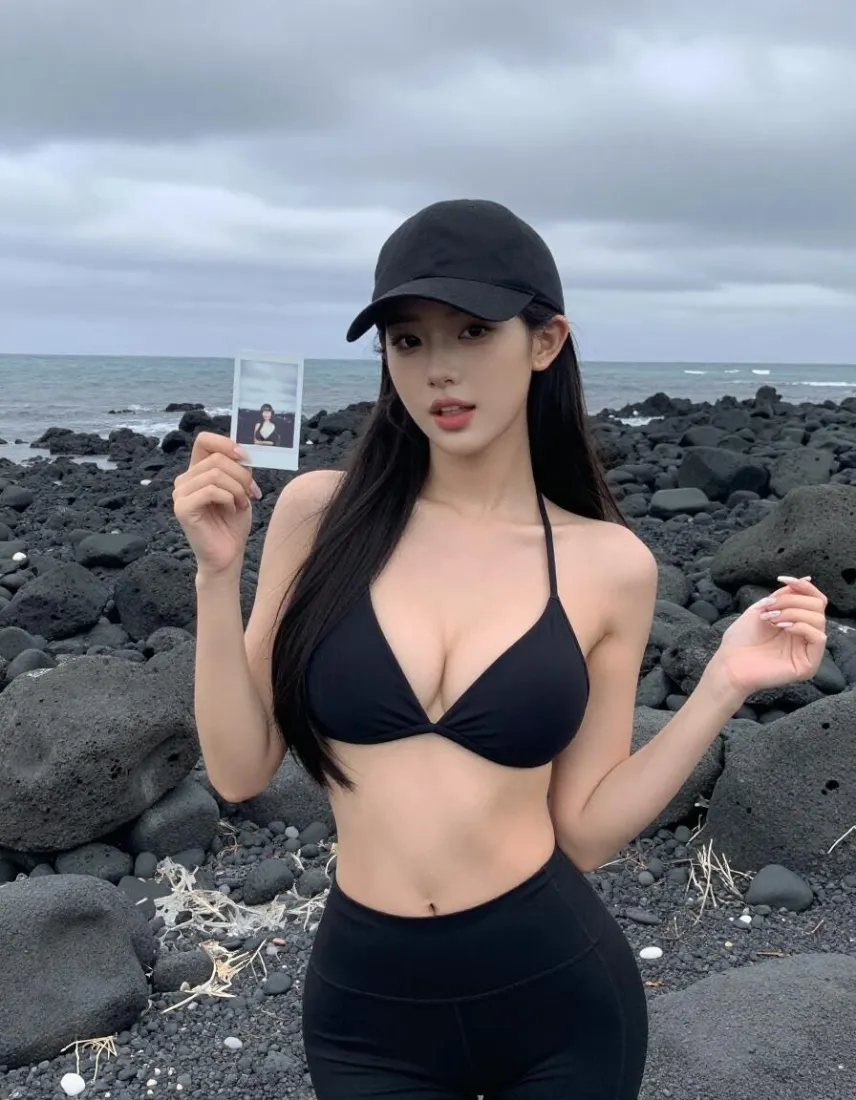 阴天海边黑礁石滩上，黑衣黑帽女子手持拍立得照片站立。