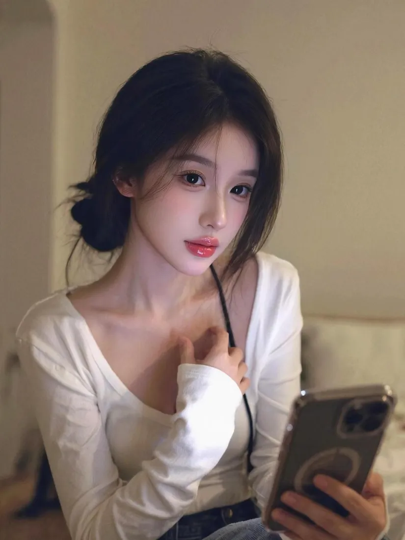 气质美女手机壁纸｜暖光室内背景图片 - 对镜自拍「哲风壁纸」