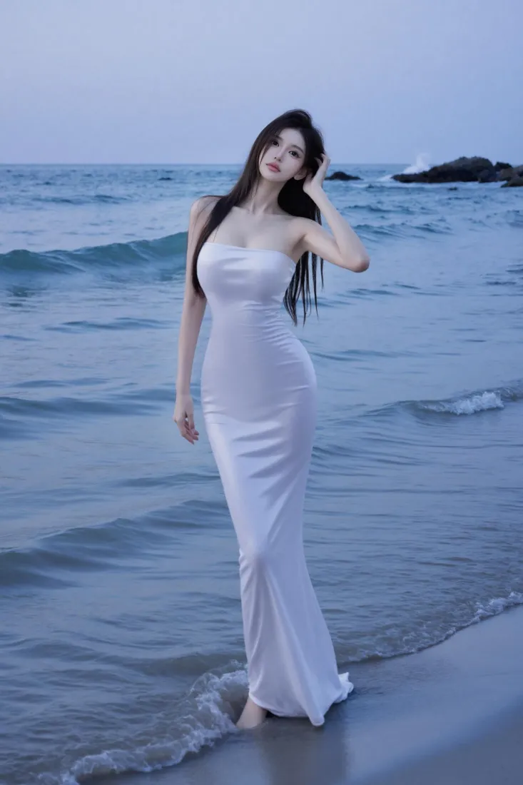 氛围感美女手机壁纸｜海边背景图片 - 优雅白裙「哲风壁纸」