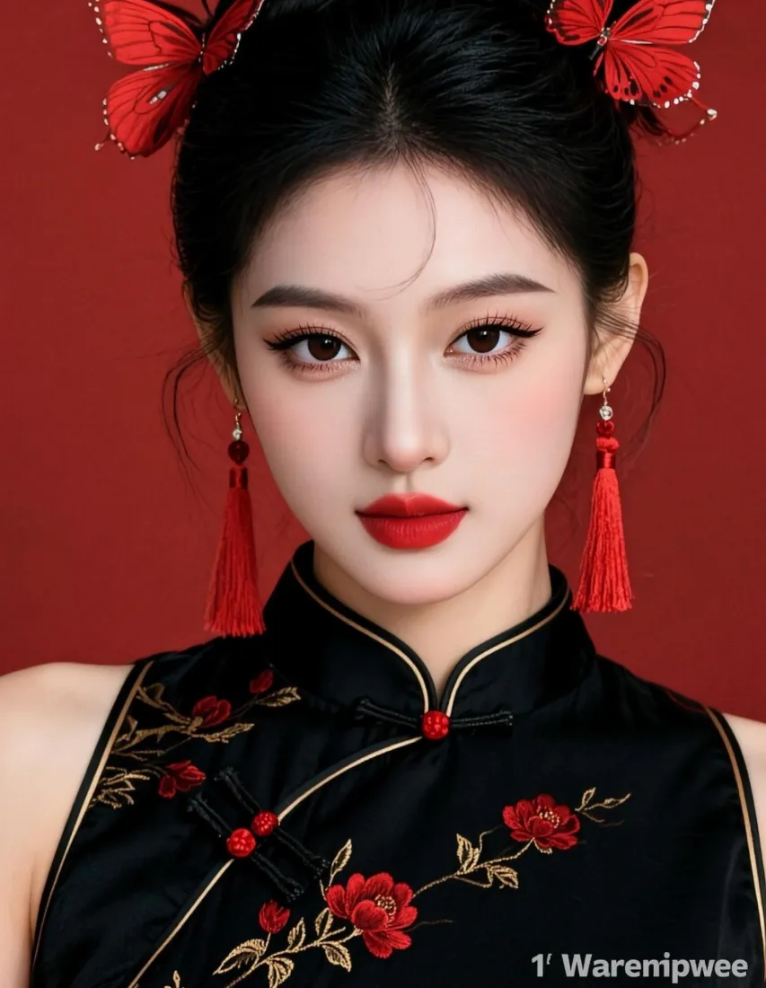 红底前的年轻女子，梳盘发戴红色蝴蝶发饰，穿绣红花的黑色无袖旗袍，配红色流苏耳饰。