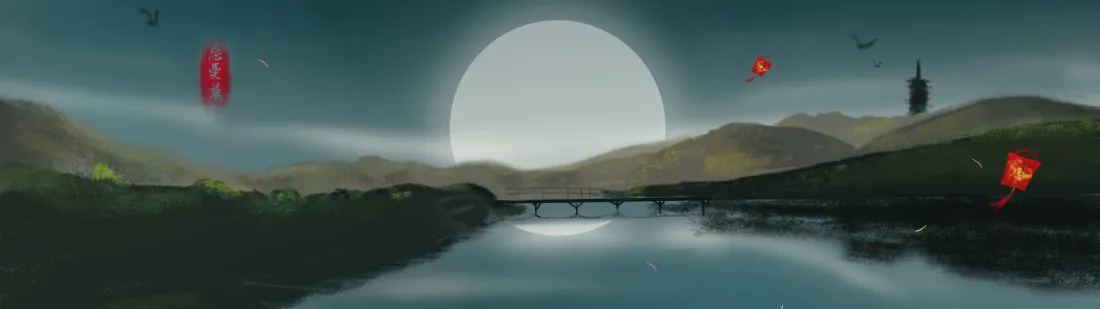 5k月夜壁纸|文艺背景图片 - 圆月河畔「哲风壁纸」 满月悬于远山之上,河流穿桥而过,水面映月,红灯笼点缀,飞鸟掠过夜空。