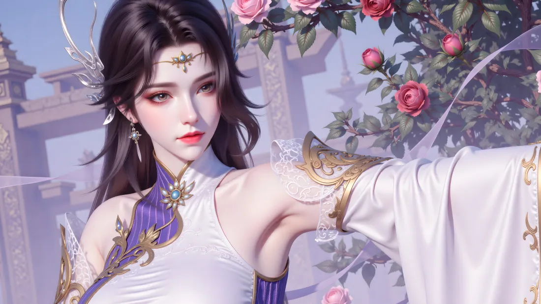 7k斗破苍穹壁纸|玄衣背景图片 - 古风美人「哲风壁纸」 古风仙侠女子身着白紫金边露肩服饰,立于蔷薇花与石牌坊前。