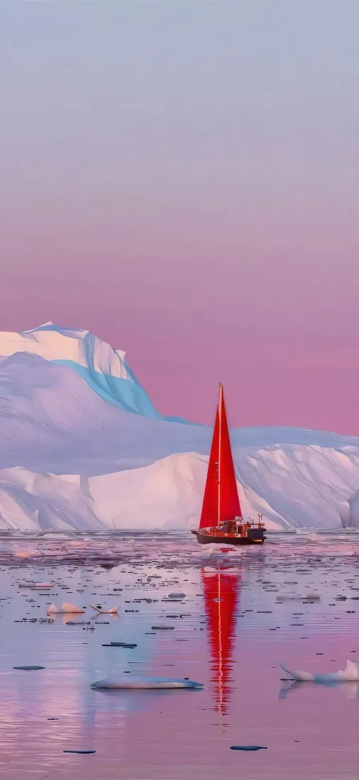 粉紫渐变天空下，浮冰湖面映着红帆船与冰山倒影