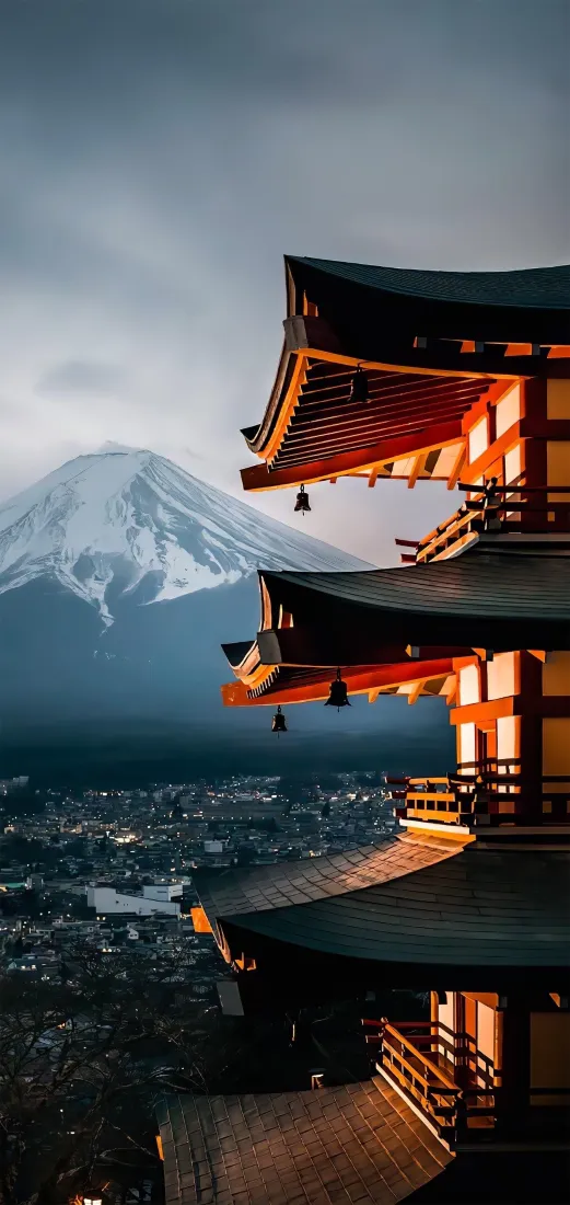 黄昏时分，朱红色日式多层塔楼立于右侧，远处是覆雪的富士山与山下亮灯的城市。