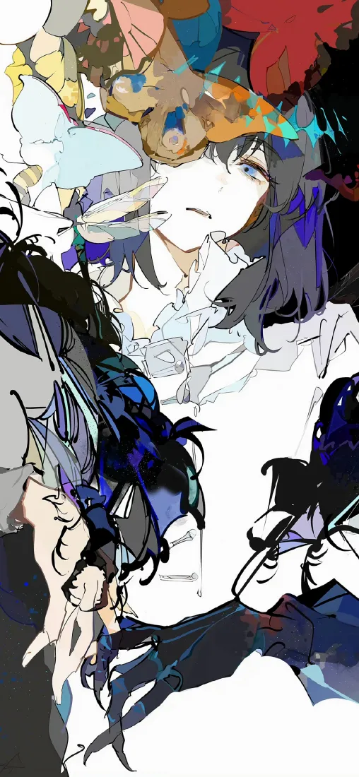 Fate系列奥伯龙二次元插画，紫发蓝眼，白衬衫搭配黑蓝羽翼与花叶装饰。