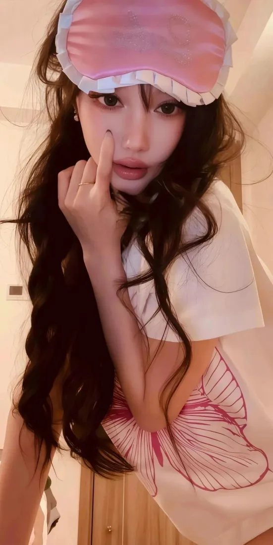 居家场景中，戴粉色眼罩、穿蝴蝶印花白短袖的长发卷发美女自拍。