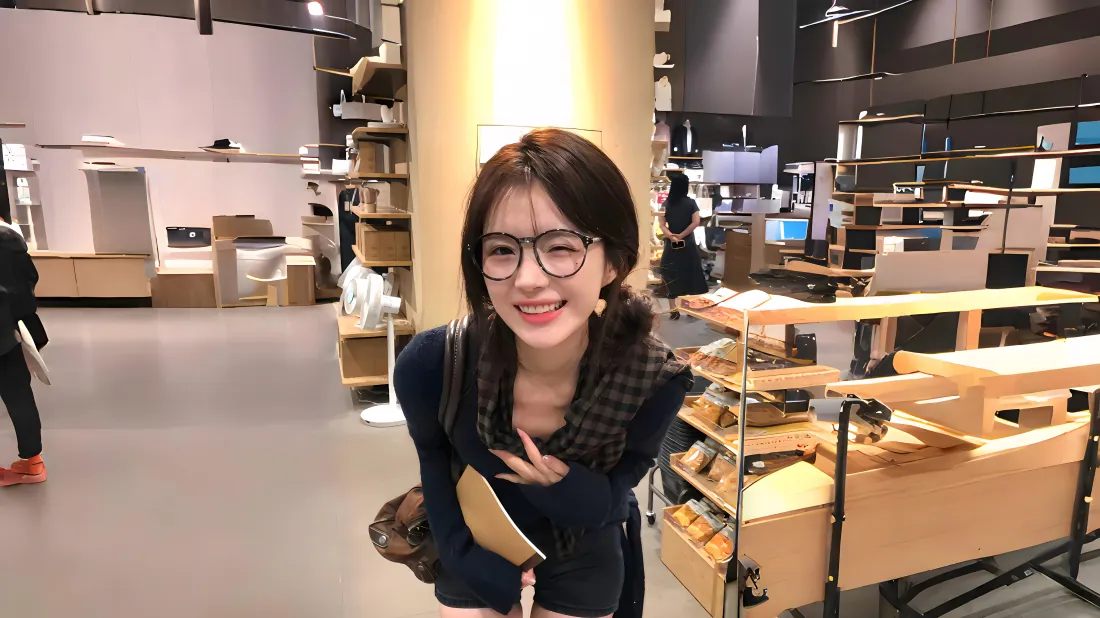 戴黑框眼镜的黑发女生在商场室内微笑，身着黑色上衣，背景为货架与家具陈设。