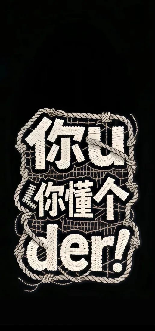 纯黑背景上麻绳边框包裹的刺绣风格趣味文字设计