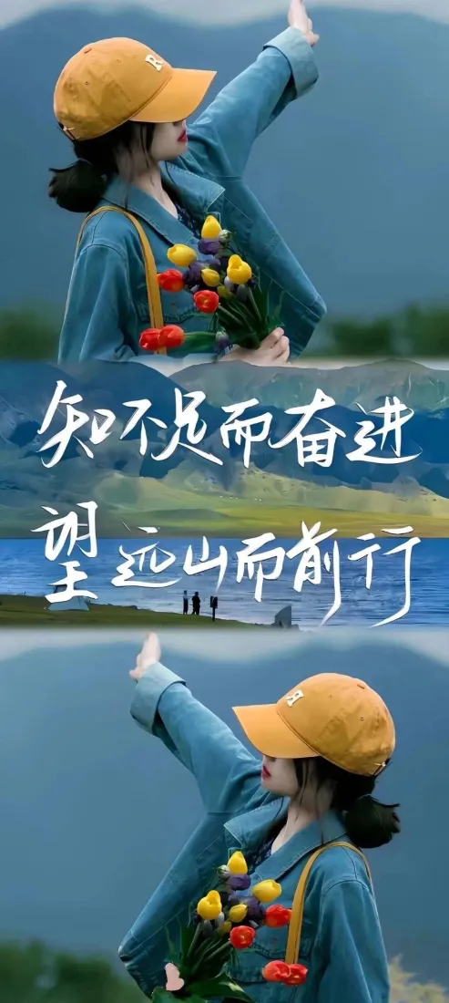 戴黄帽持花束的女孩立于湖山背景前，配励志前行手写文字。