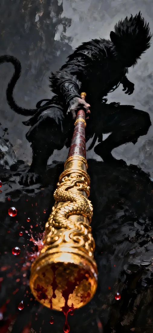 暗黑风格孙悟空剪影蹲踞持金箍棒，棒身雕金龙，溅落红色血滴。