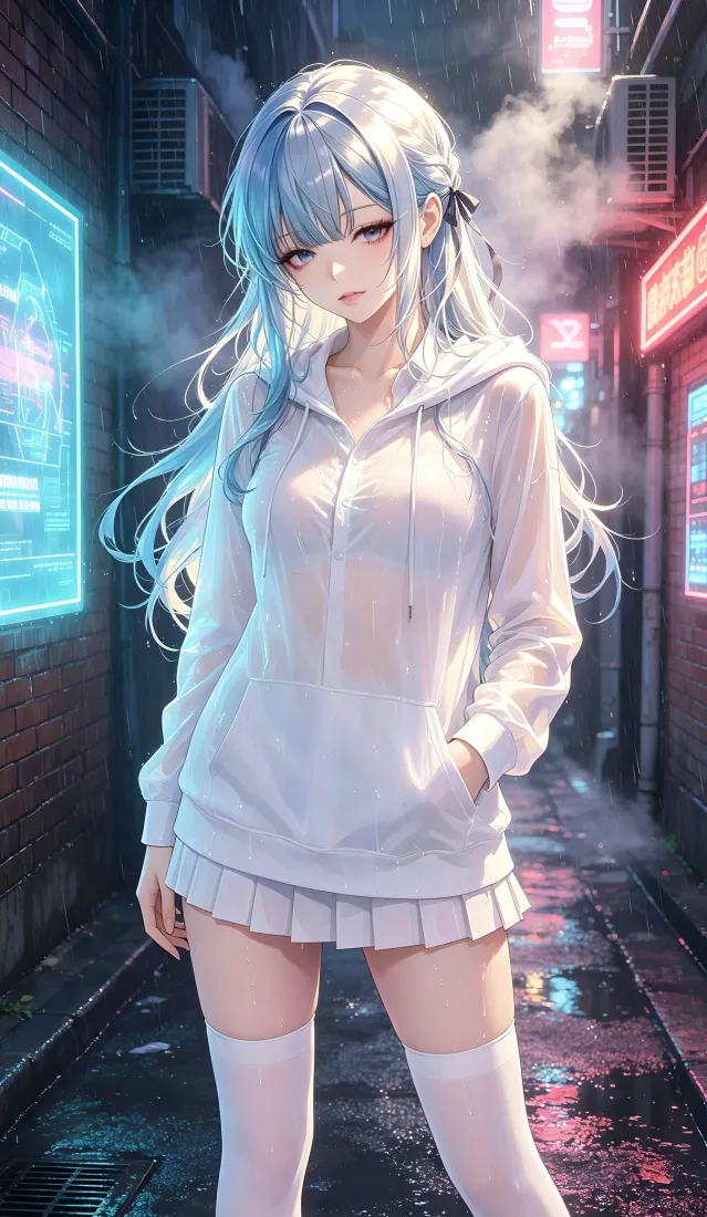 蓝发二次元少女手机壁纸｜赛博小巷背景图片 - 手机「哲风壁纸」