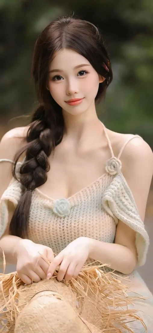 户外绿植背景下，留长麻花辫的浅色系穿搭少女手扶草编包温柔微笑。