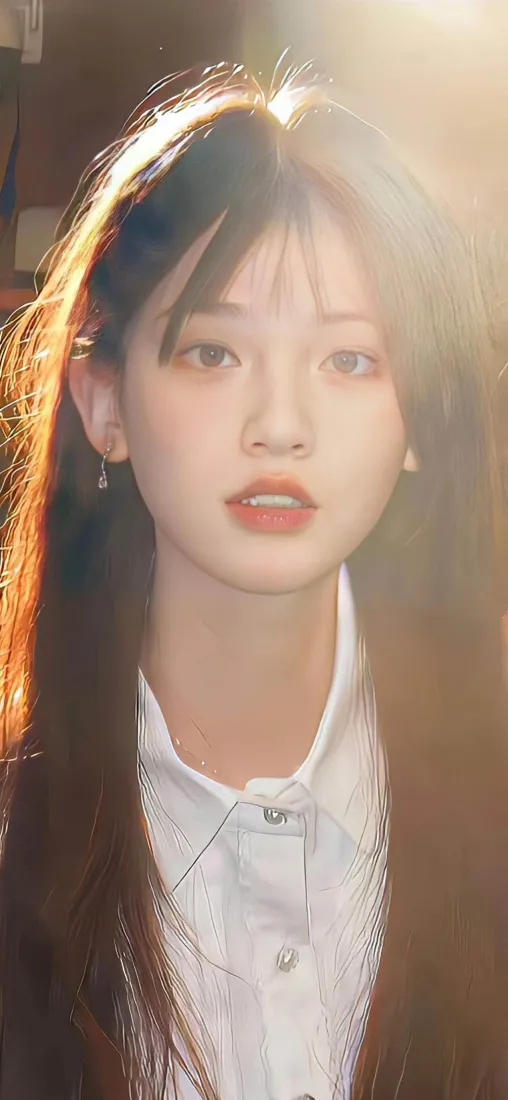 暖逆光下棕发长发少女，穿白衬衫戴珍珠耳饰，氛围柔和朦胧。